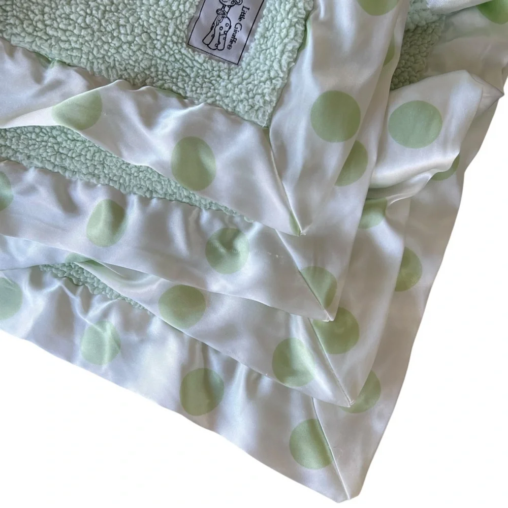 Little Giraffe Mint Green Chenille Baby Blanket Polka Dot Satin Trim 31x37 GUC